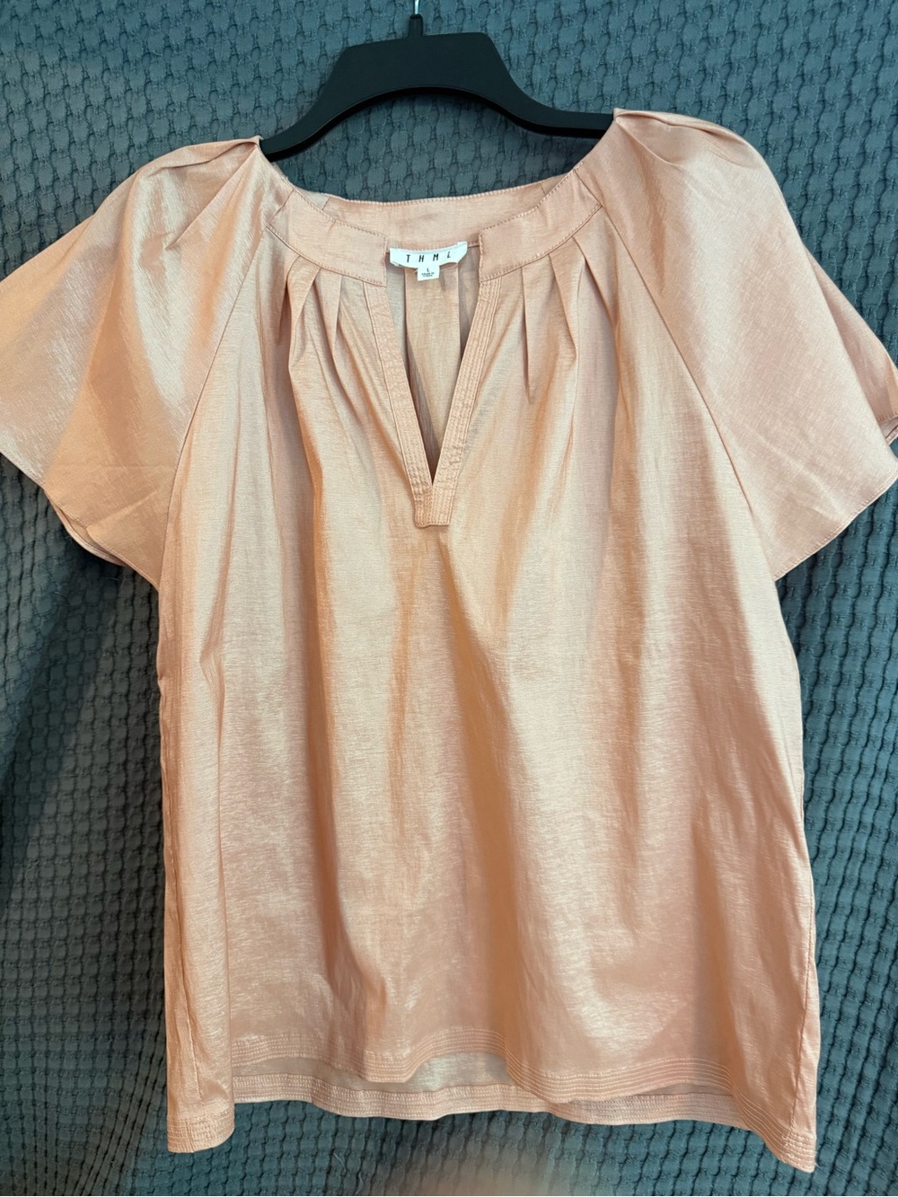 THML Blush Peach Short Sleeve Pleated V-Neck Blouse